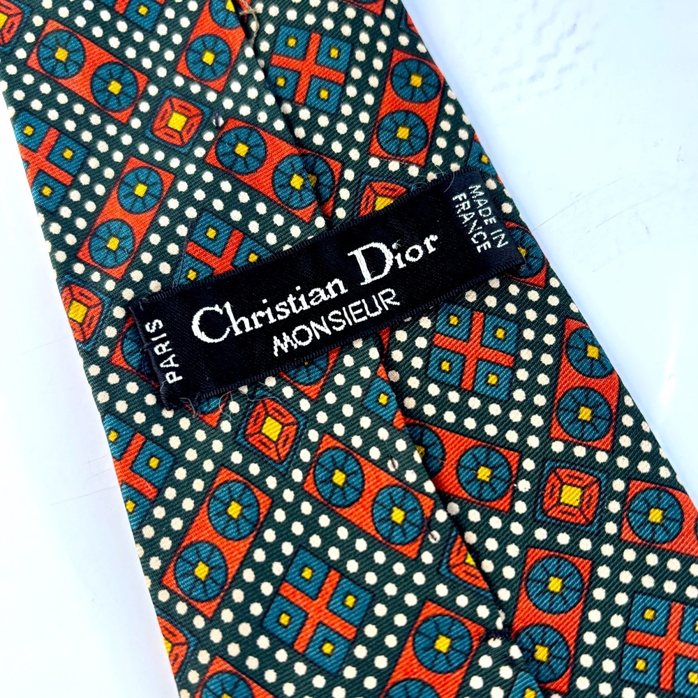 DIOR Vintage Silk Neck Tie Mid-century Craftsman pattern 57” long 3-1/4”‎ wide